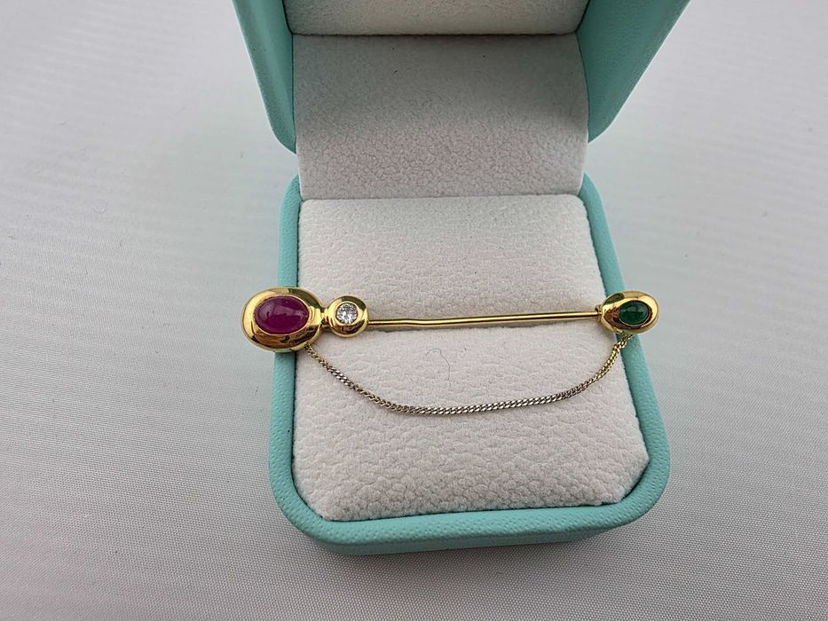 Brosa Aur 18 kt cu diamant,smarald si rubin