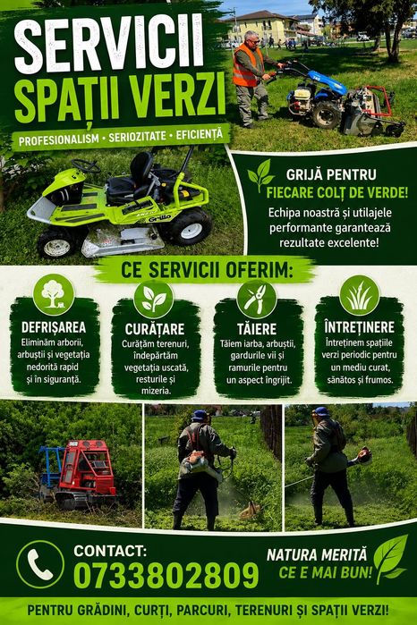 Servicii de cosire,curățare, defrișare  vegetatie terenuri.