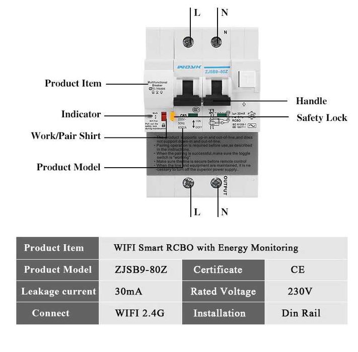 30mA RCBO WiFi Disjunctor diferential masurare energie TUYA