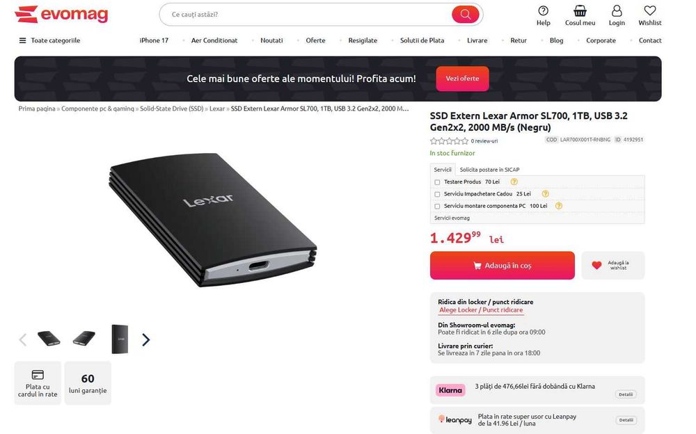 SSD Extern / Portabil Lexar Armor 700, Rezistent la șocuri, apă - 1TB - Impecabil