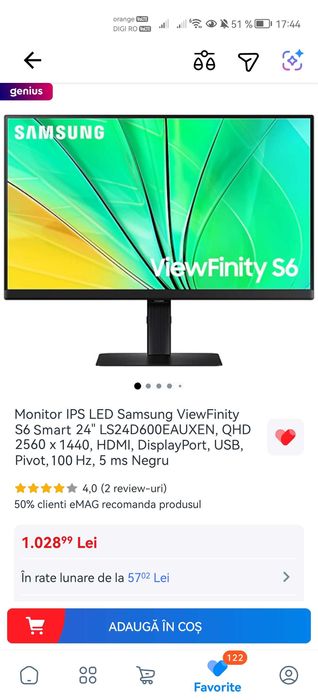 Monitor SAMSUNG ViewFinity S6 Smart 4K 24" 100Hz Nou Sigilat Garantie
