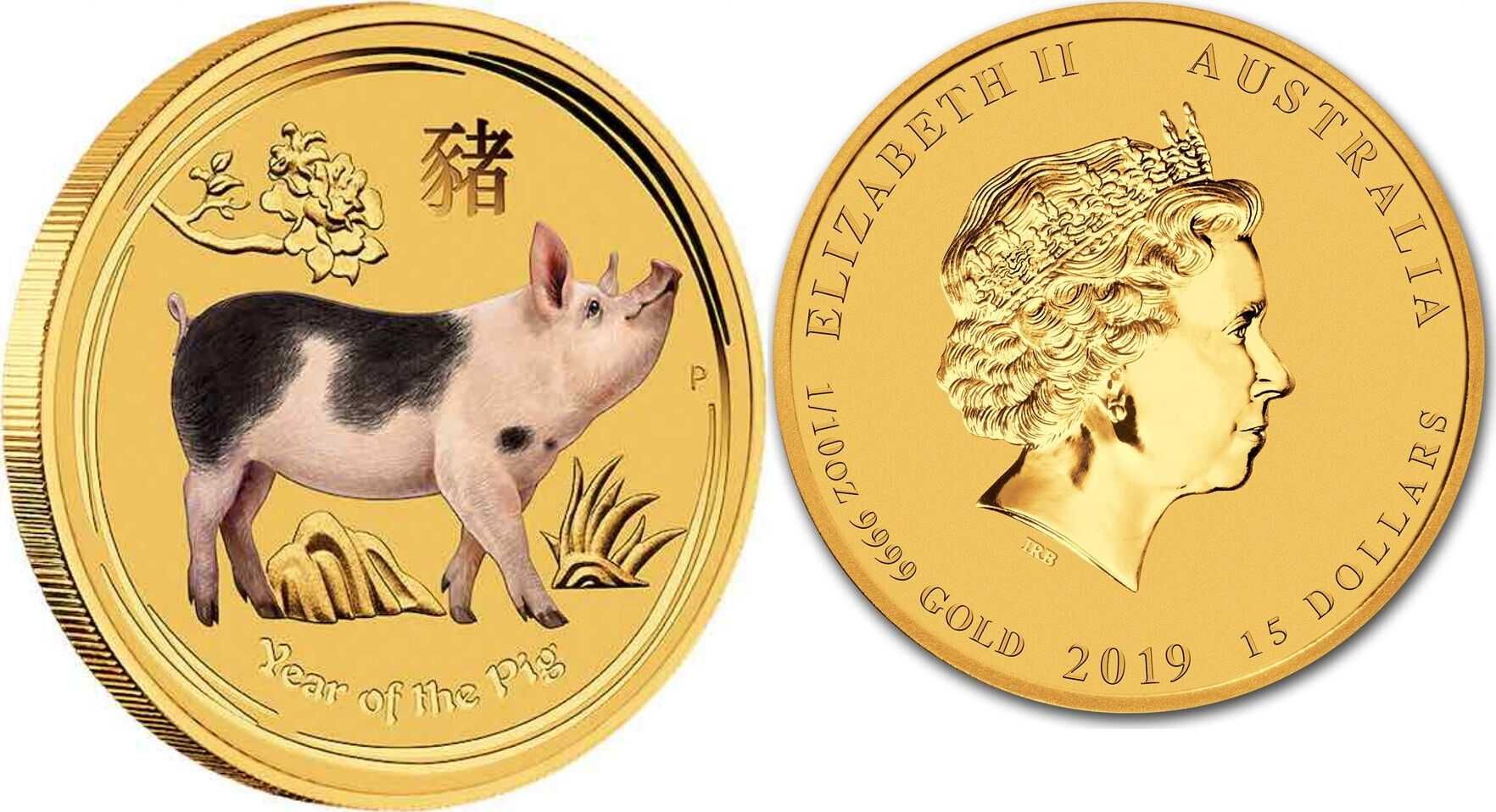 Златна монета Австралийски лунар година на Прасето 1/10 oz 2019 гр ...