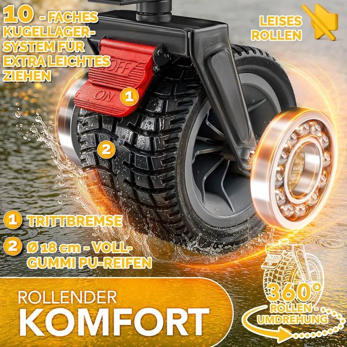 Сгъваема количка TRESKO® 215 л със спирачка,широки гуми и товароносимост до  150 кг