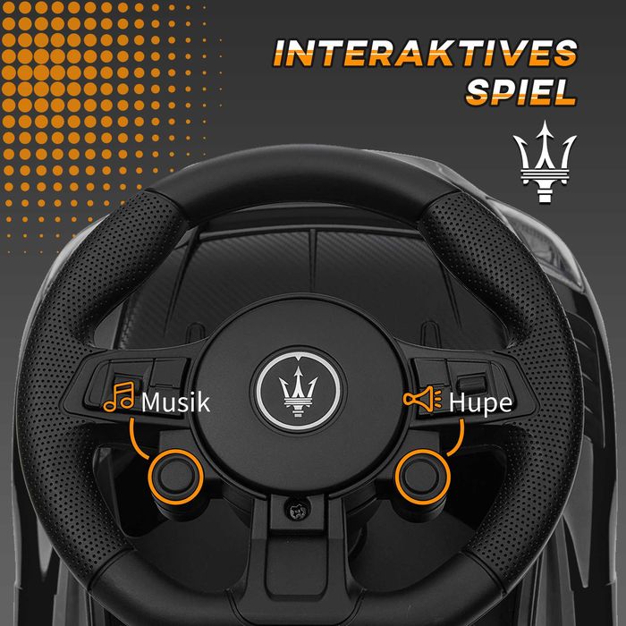 AIYAPLAY Количка за яздене, Maserati, място за съхранение, клаксон и музика, гуми Whisper, за 1,5 до 5 години, до 25 кг