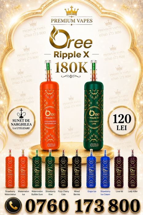 OREE RIPPLE X 180K- Vape tip țigară electronică cu diferite arome de shisha și sunet de narghilea  la utilizare