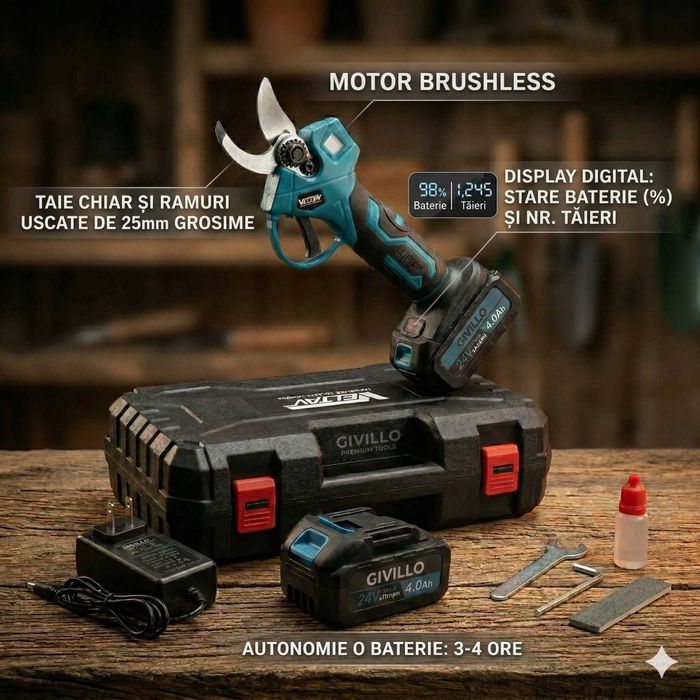 Foarfeca electrica cu prelungitor telescopic 1,2-2,7m, 2 baterii 4AH