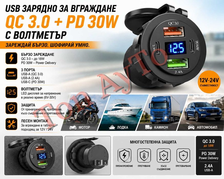 USB Зарядно За Вграждане QC 3.0 + PD 30W + Волтметър  12V / 24V Автомобил Мотор Камион Лодка Каравана Кемпер АТВ Скутер
