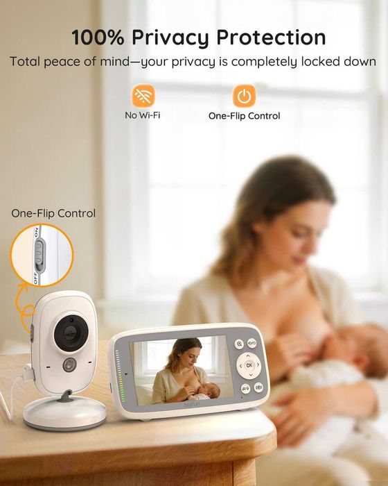 Бебешки монитор Boifun без WiFi, камера и аудио, 4" 720P IPS екран, 2 камери, приспивни песни