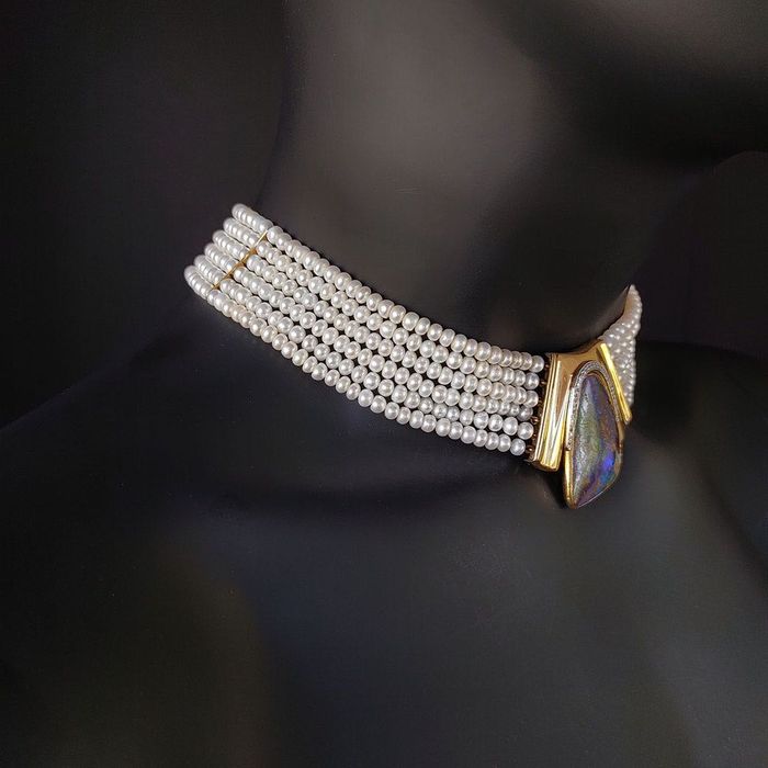 Colier chocker, perle cu boulder opal superb, aur si diamante, certif.