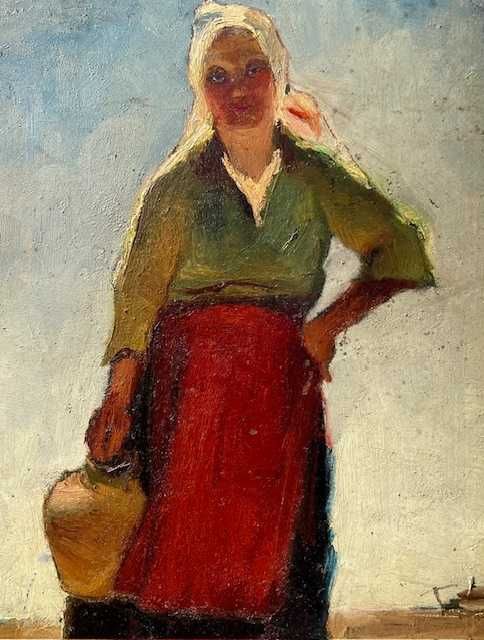 ~Țărancă cu ulcior~ Tabl0u vechi de >100 ani. Ul/Cart, semn ȘTAMPILĂ