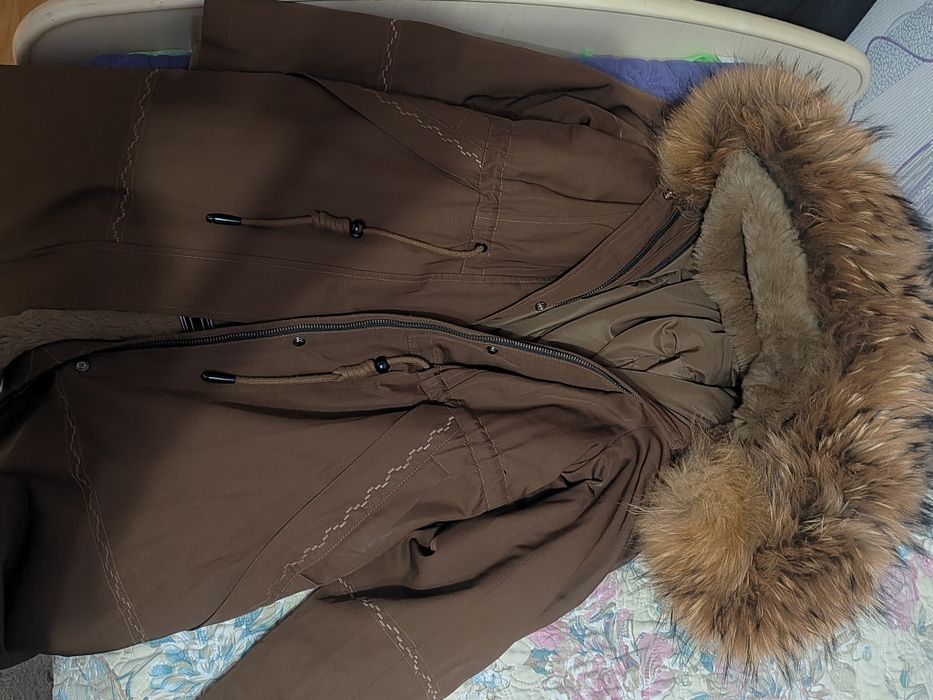 Винтажная зимняя парка с натуральным меха енота