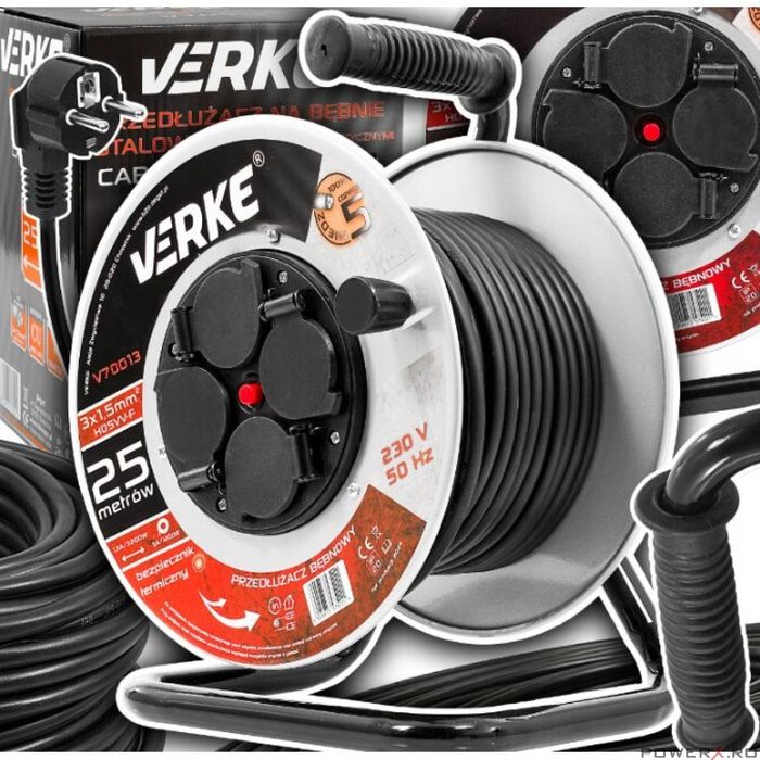 Rola prelungitor cablu cu cadru metalic, 25 metri 3 x 1,5 mm Verke