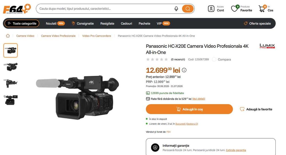 Cameră video Panasonic HC-X20E 4k, NOUA