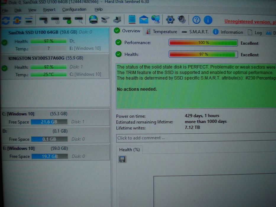 SSD Sandisk U100 64GB s-ata testat sanatate excelent