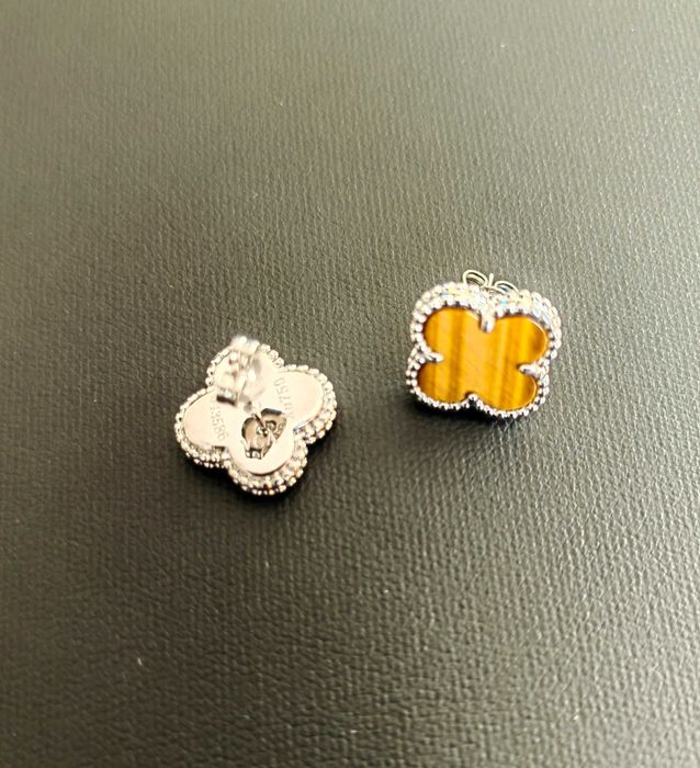 Сребърни обеци с тигрово око  Van Cleef & Arpels VCA Alhambra earrings