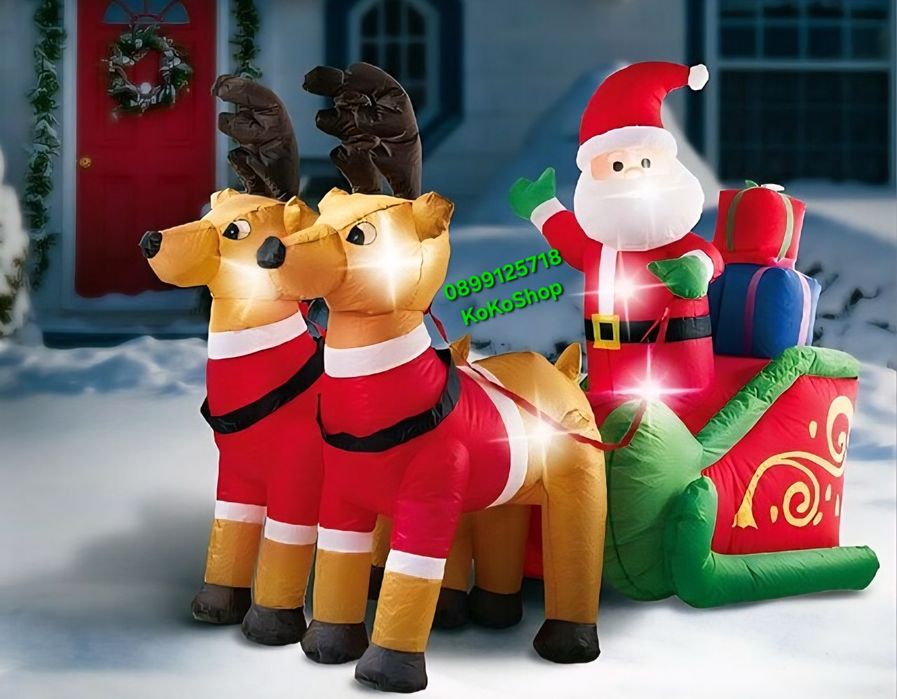 Надуваем Дядо Коледа с шейна и елени-140х180 см./светещ Дядо Коледа