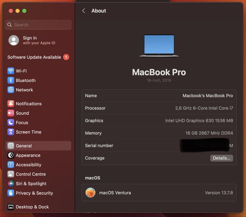 Macbook Pro 2019 I7, 16GB Ram, 512GB SSD