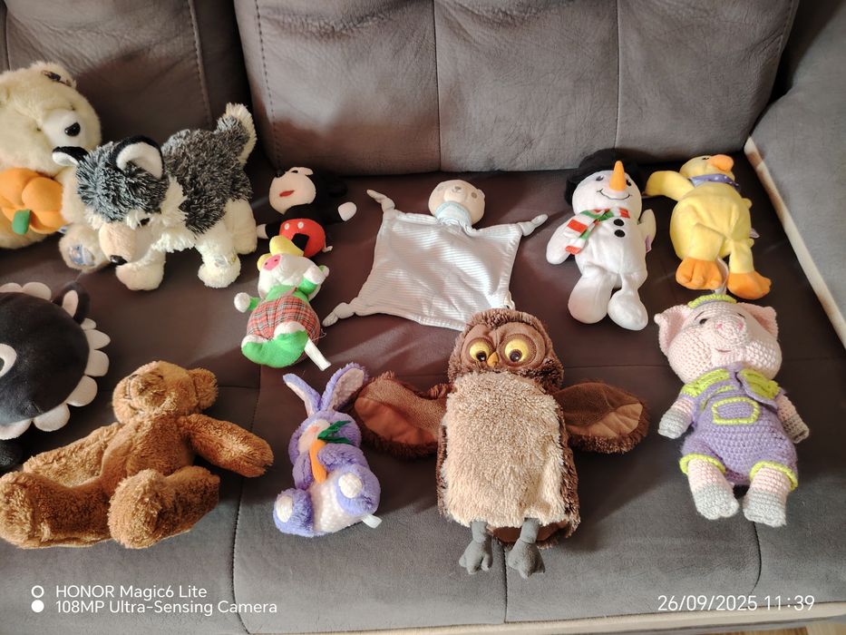 Кашон с плюшени играчки . Седяли са само за украса , не е играно с тях