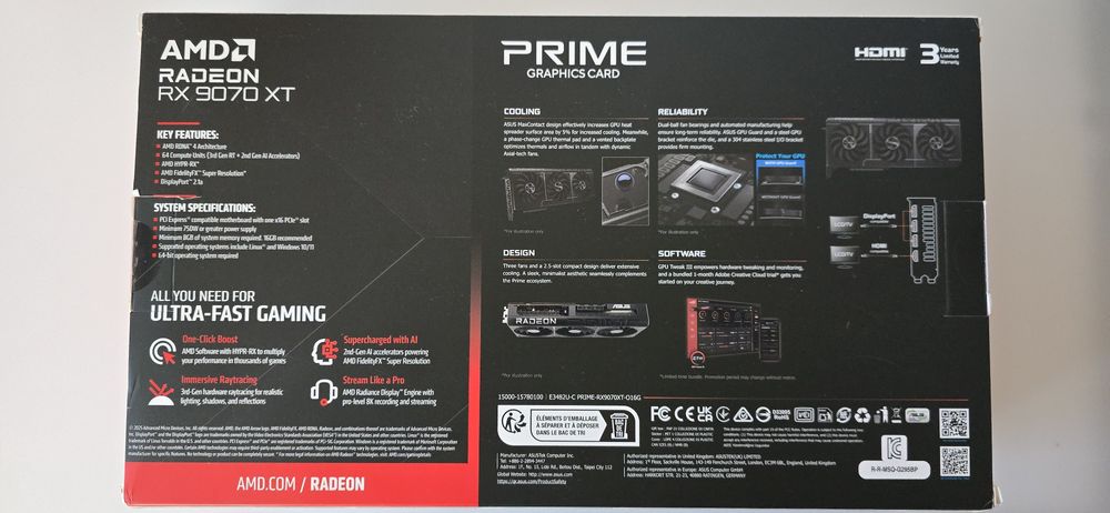 Видео карта Asus Prime RX 9070 XT, 16GB GDDR6 AMD Radeon чисто нова