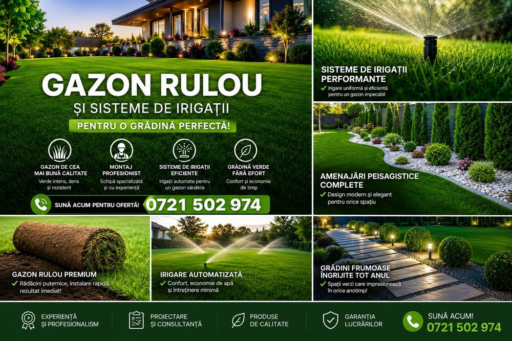 Amenajare gradina cu gazon rulou si plante ornamentale