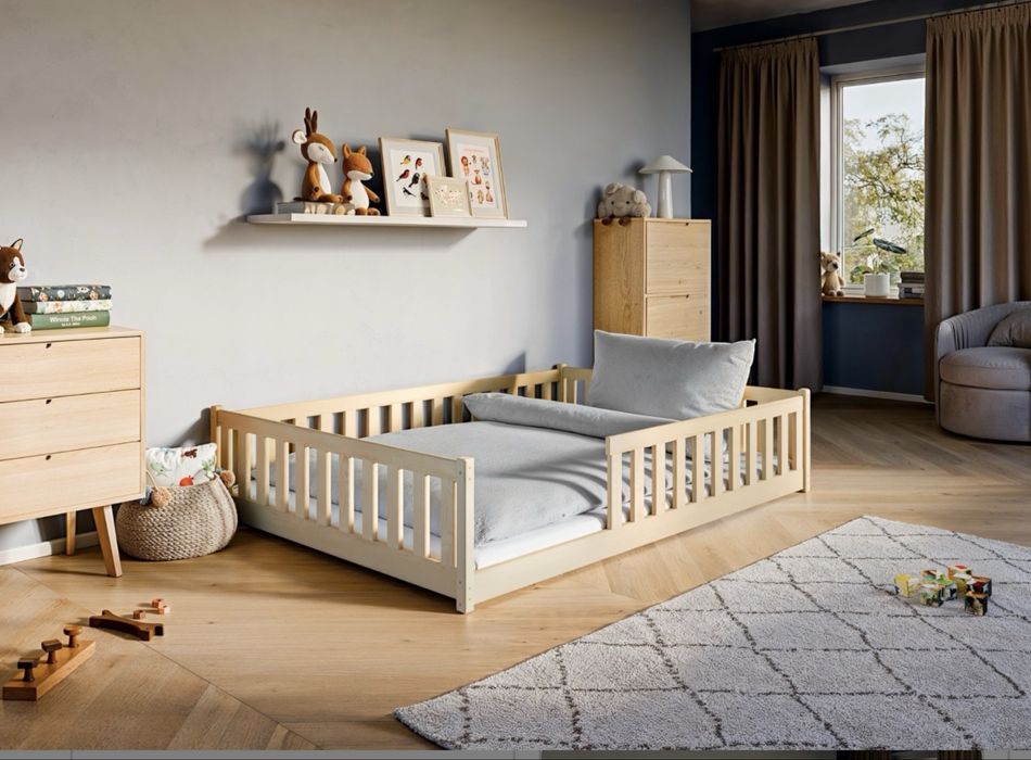 Pat Montessori din lemn masiv 140x200 cu saltea – Ca nou