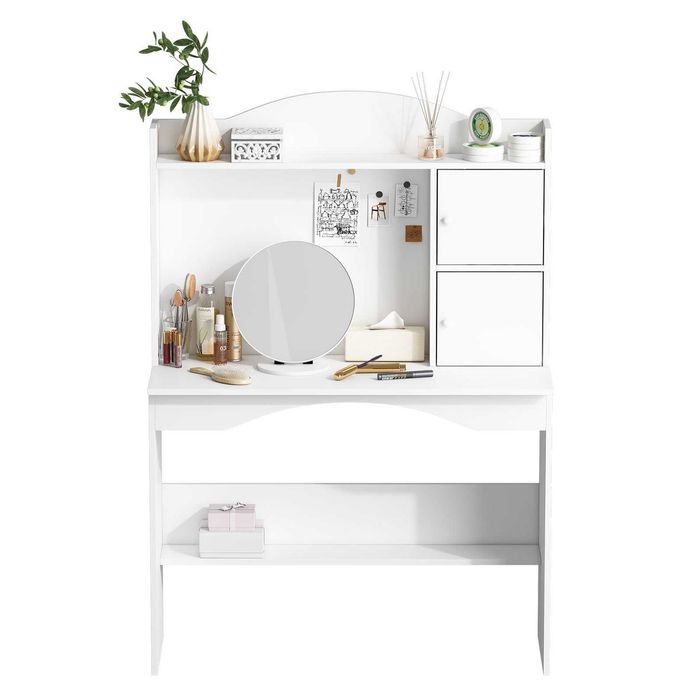 Тоалетка за грим с огледало, масичка за грим 2 шкафа с врати и 2 рафта