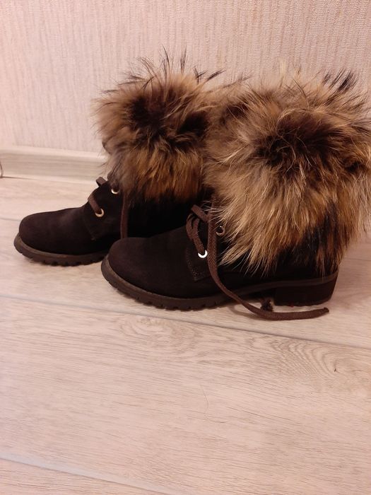 Весна-осень, ботинки, натуральная замша, богатейшая опушка енот