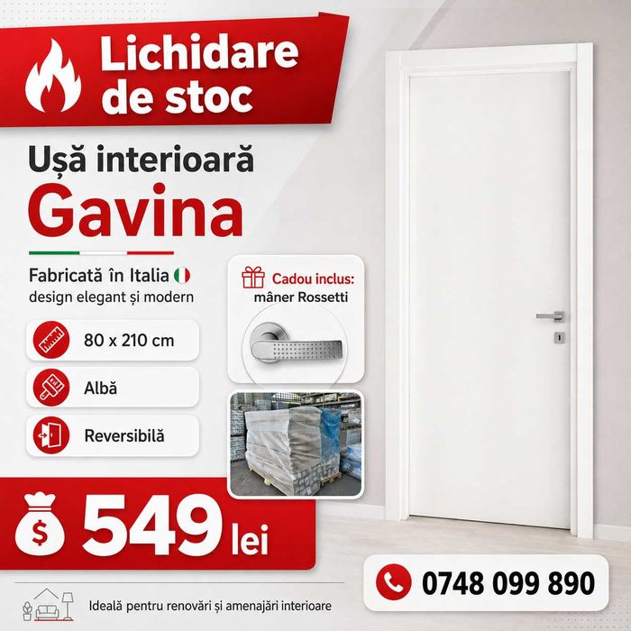 Ușă interioară Gavina 80x210 cm, albă, fabricată în Italia + mâner inclus – 549 lei