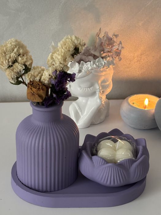 Лавандовый подарочный набор | свеча, поднос, ваза с сухоцветами
