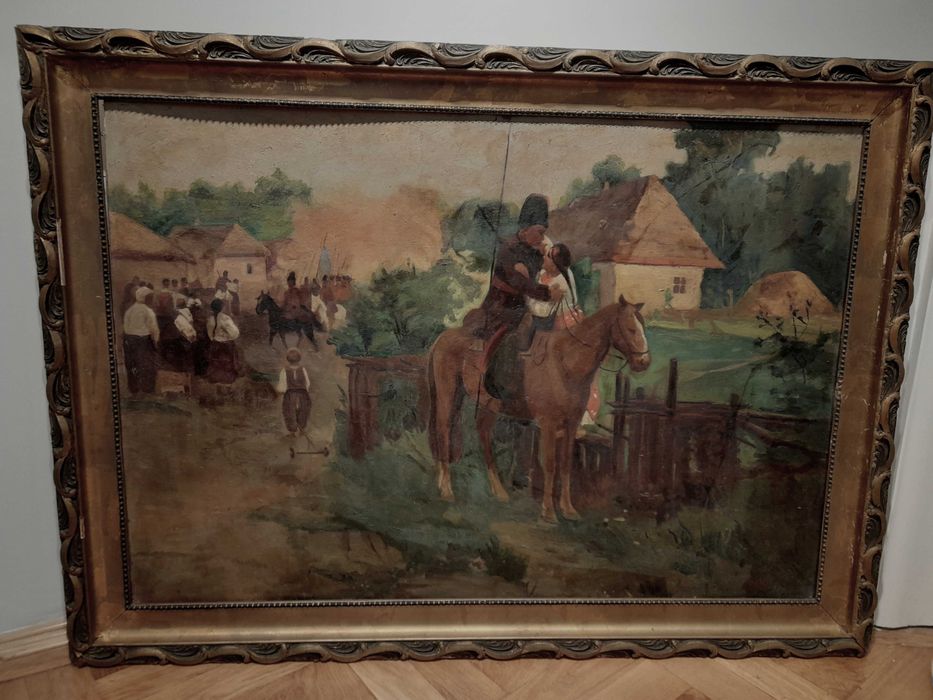 Tablou, ulei pe carton, ”Plecarea la oaste” semnat, autor necunoscut