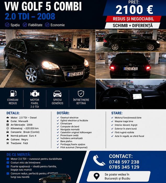 VW Golf 5 Combi 2.0 TDI 2008 | Întreținut | Navigație | Spațios | 2100€ Neg