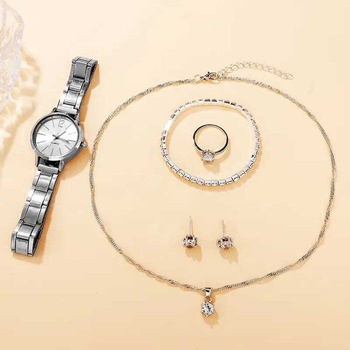 Нов нежен дамски комплект - часовник, колие, гривна, обеци и пръстен