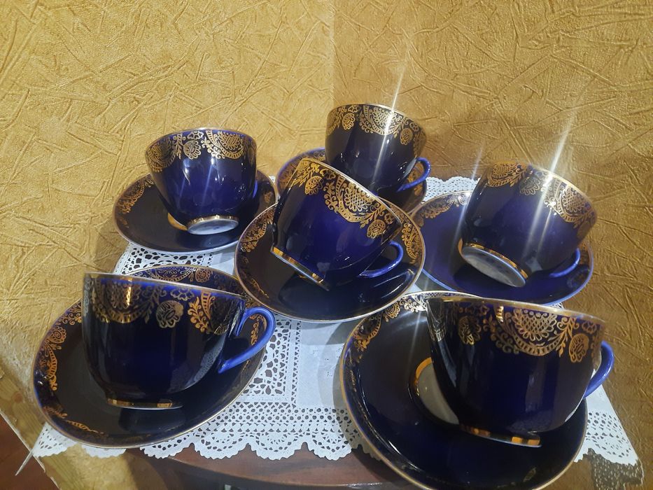 6 Чайных  пар "Золотой фриз"  по кобальту с цветами, ЛФЗ, 6 чашек и 6