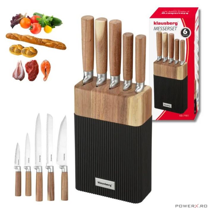 Set de cutite 6 piese, cu bloc de salcam, otel inoxidabil, Klausberg