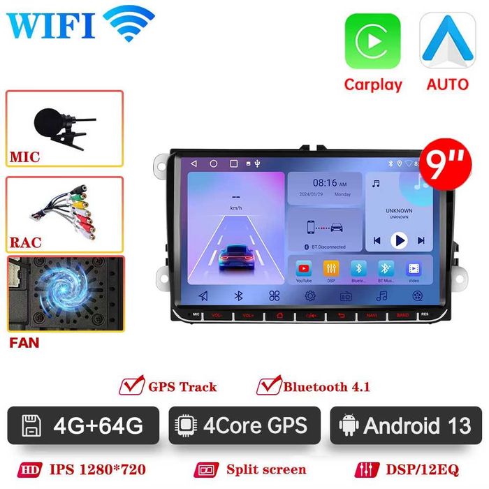 Navigatie Android 4GB+64GB VW GOLF 5 6 PASSAT B6 B7 CC SEAT LEON SKODA