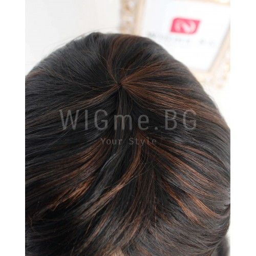 Дълга черна на вълни със светлокестеняви кичури, с бретон перука Лена