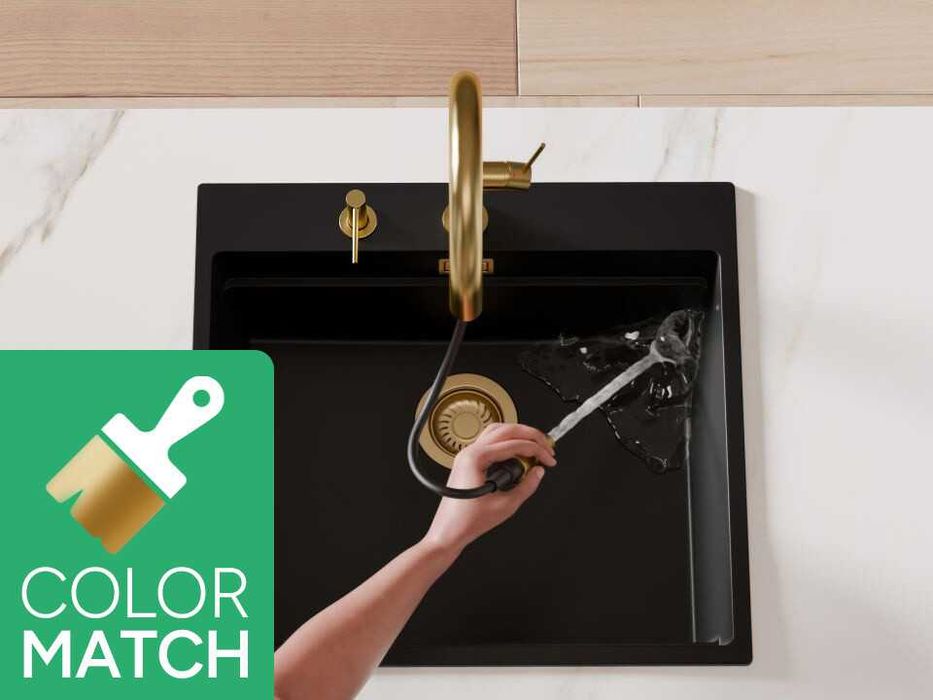 Златен смесител за кухня с изтегляща глава, 2 режима на струя - 9020