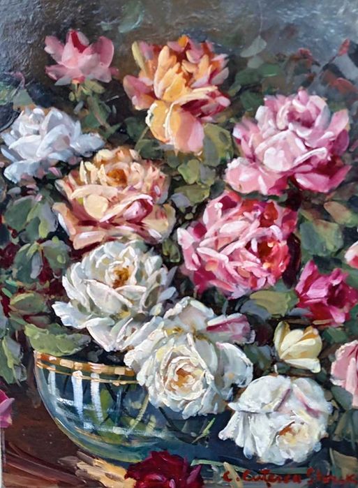 Tablou vechi - bol cu trandafiri - semnat C. Cutescu Storck