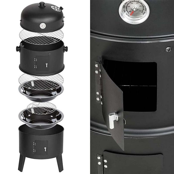Gratar pe carbuni 3 in 1, capac cu termometru, 2 usi, 3 compartimente cu afumatoare/grill/gatire la abur, 40x40x80 cm