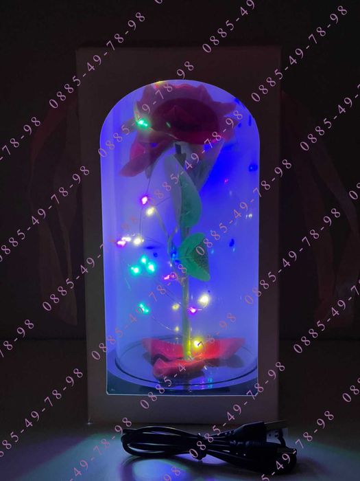 Вечна роза в стъкленица с лед осветление,подарък за жена, 8 март