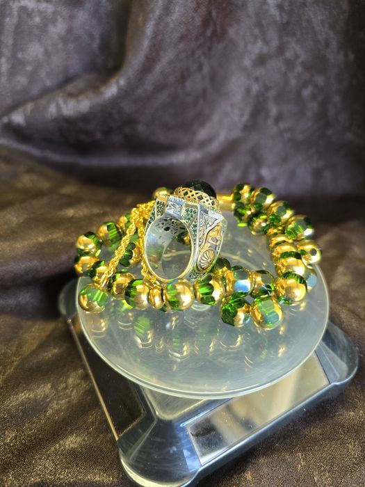 Сребърен мъжки пръстен и броеница с позлатени елементи