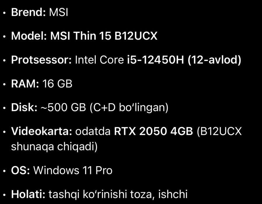Noutbok core- i5 -1245H 2.00GHz prasesor 64