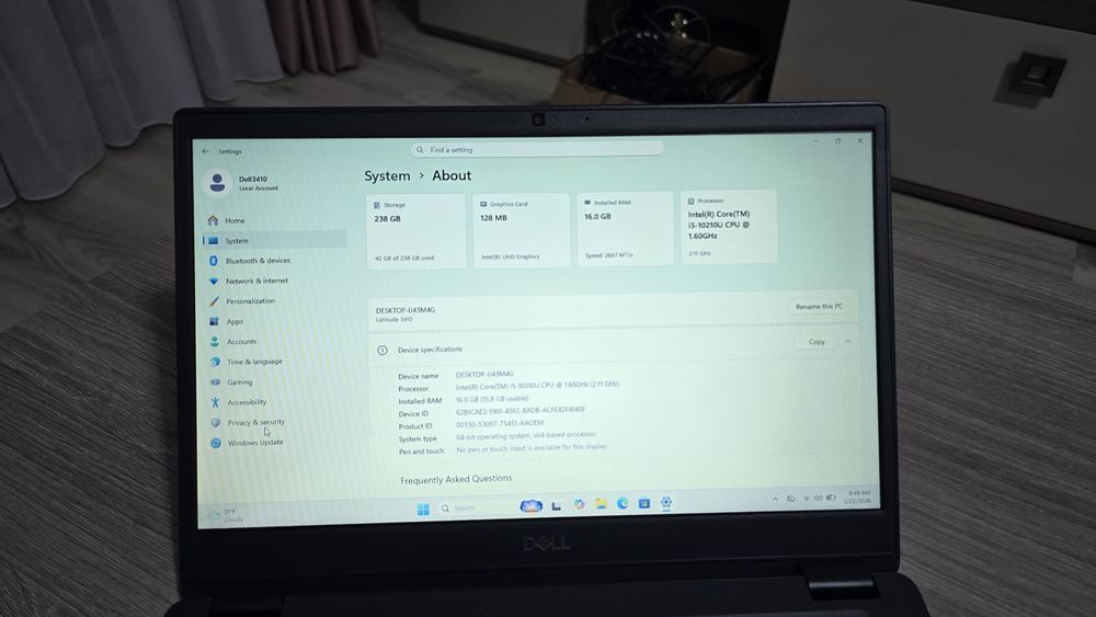 Laptop Dell i5gen10,16Gb ddr4, ssd 256Gb, displa14"HD, windows11pro