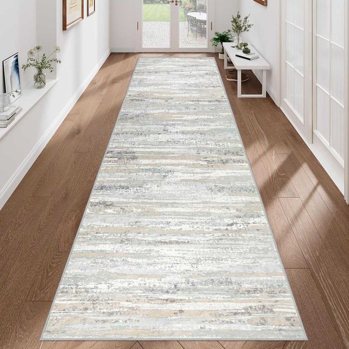 Пътека за коридор, 80 x 300 см, Лек кухненски килим с къс косъм, Перещ се килим, Неплъзгаща се кухненска пътека, Килим за коридор, Бежова пътека