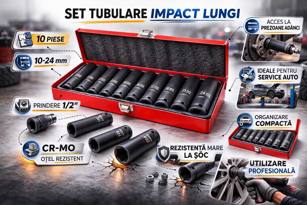 Set tubulare impact lungi 1/2 10-24 mm CR-MO 10 piese cutie metalica