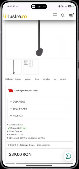 Aplică LED Smarter Taboo 9W, Negru Mat, 65cm – NOI, Sigilate
