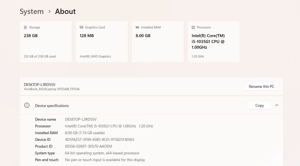 Laptop ASUS VivoBook i5 – 8GB RAM, SSD