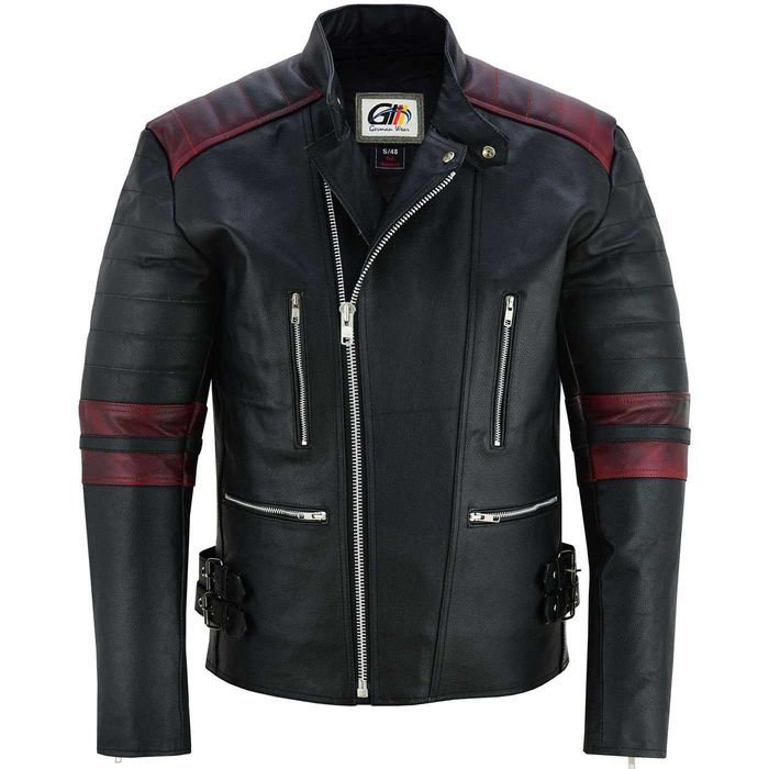 Яке от естествена кожа + протектори мотор: черно/червено, 50/М и 48/S