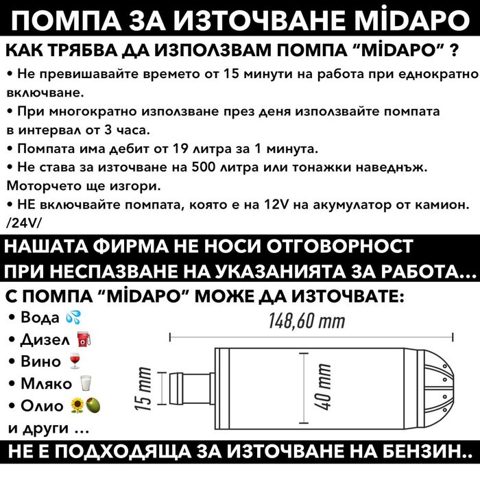 НОВ Модел PVC 12V Помпа за източване на вода, прехвърляне на вода