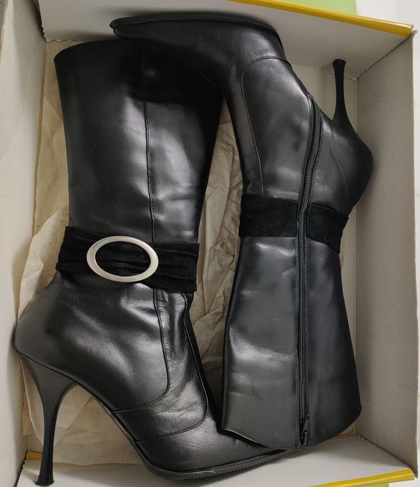 Cizme Piele Îmblănite 39 MODA ITALIA cu Toc Negre Dama